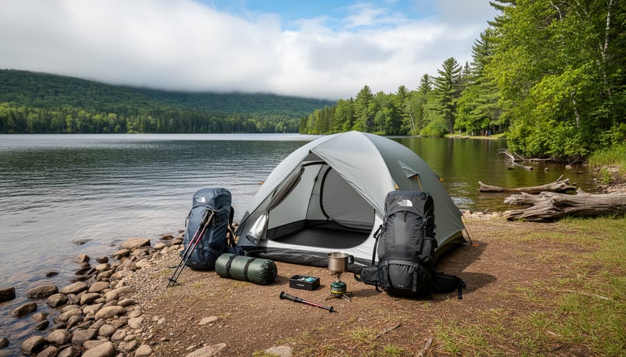 Hikers tightening guylines and setting up a tent near a rocky shoreline in an Ontario park
