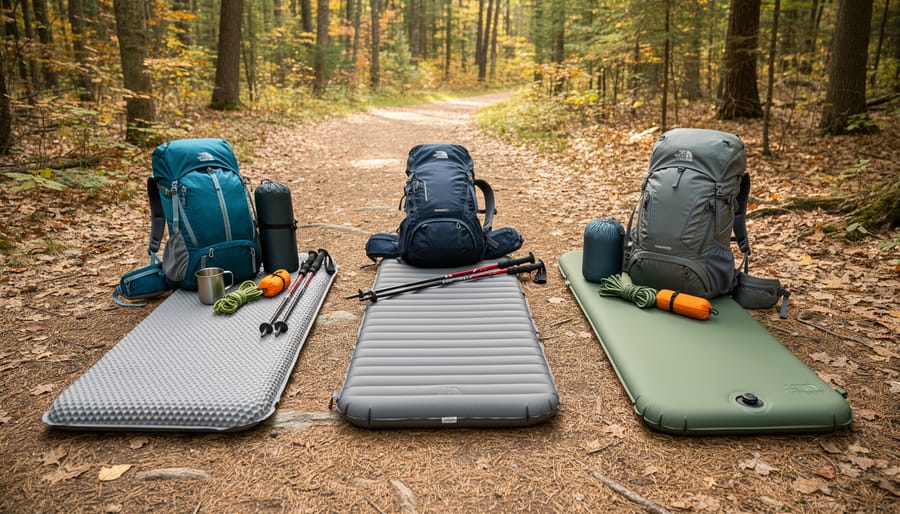 Air, self-inflating, and closed-cell foam hiking sleeping pads laid on a forest floor next to a backpack and trekking poles.
