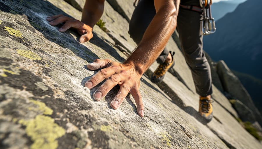 Gloved fingers gripping a rock handhold while a boot steps onto a ledge during a scramble hike.