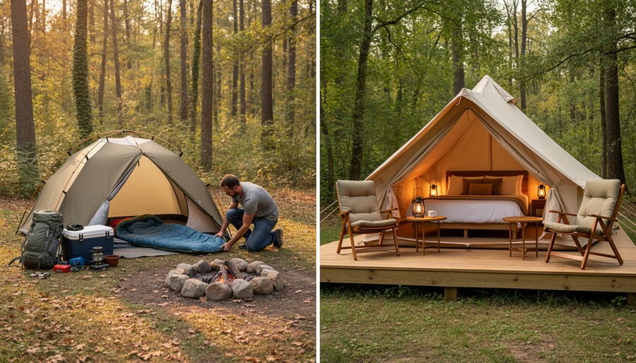 Traditional tent campsite and a ready-to-camp cabin or shelter at Camping Lac Lafontaine in Quebec.