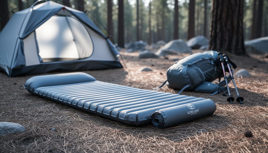 Ultralight hiking sleeping pad unrolled on the ground next to a tent in a pine forest campsite, with a backpack and trekking poles in the background.