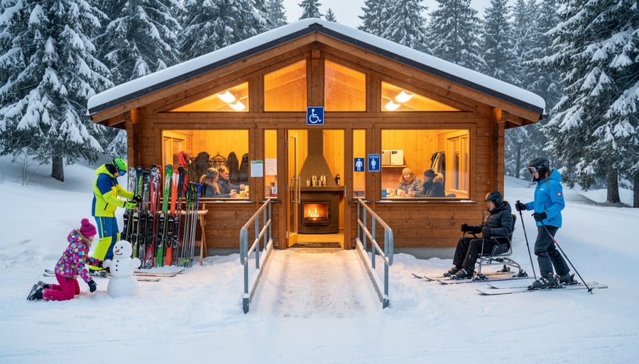 A family in winter clothing pauses near a warming hut beside a snow-covered ski trail.