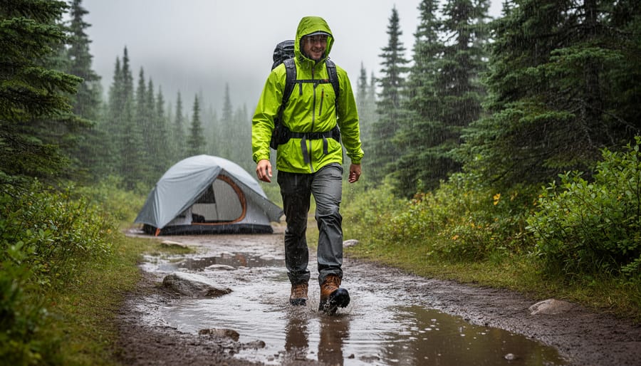 Water droplets on Salomon hiking shoes placed near a lakeside camping setup during light rain