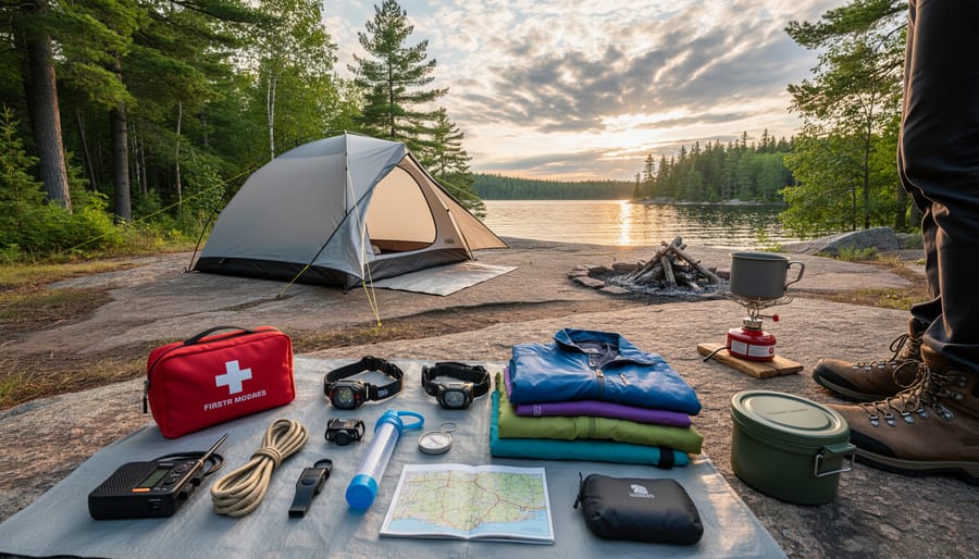 Child at an Ontario backcountry campsite with a hiking backpack on the forest floor