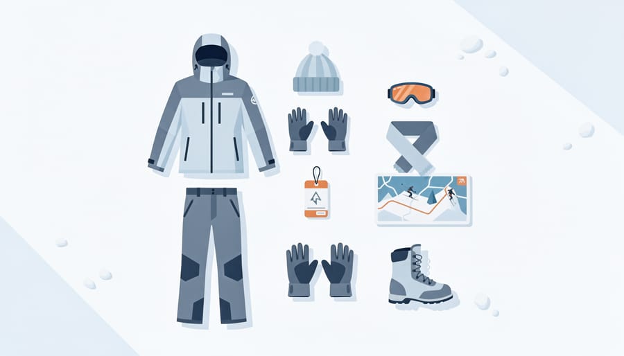Cross-country ski gear and a thermos resting on packed snow with a snowy forest background.