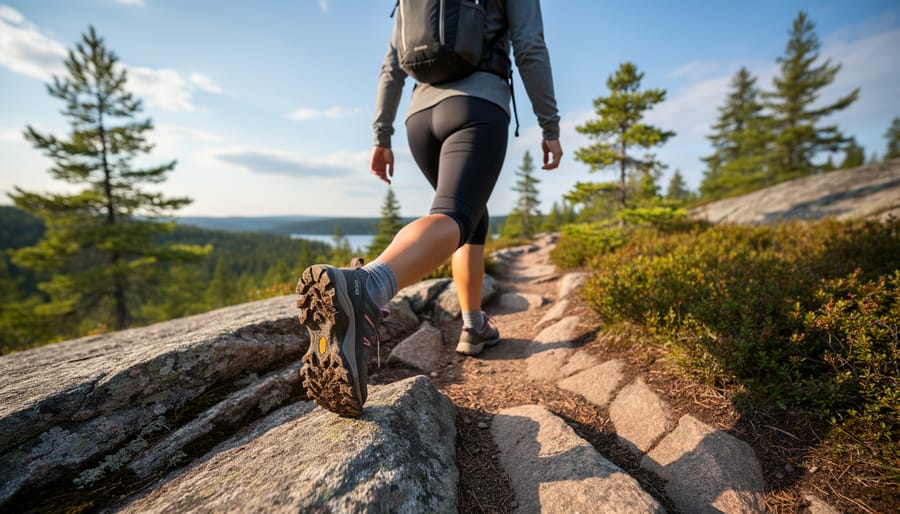 Woman hiking on a rocky trail in Ontario with trekking poles and visible hiking shoe tread