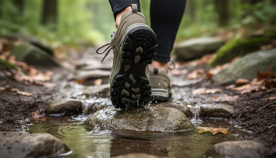 Women’s hiking shoes laced near a muddy, rocky trail with pine needles and wet ground in view