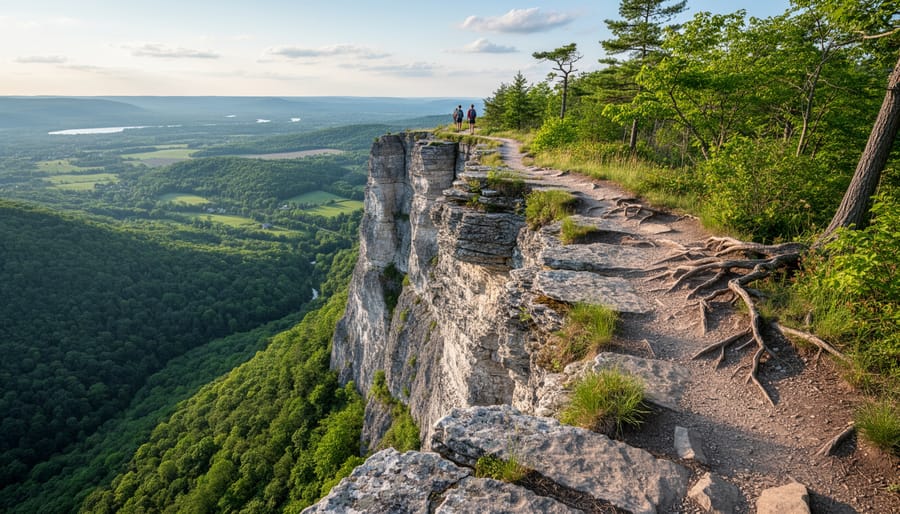 A hiker standing on a rocky overlook facing the Niagara Escarpment forest valley at golden hour