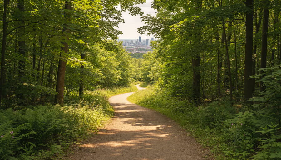 A lone hiker walking down a winding trail through lush green trees toward a misty treeline