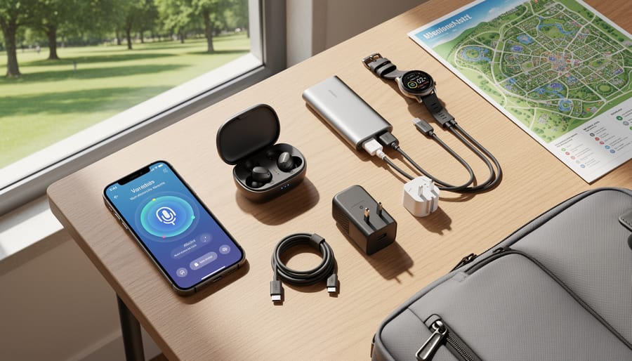 Camping table with smartphone, headphones, and a power bank beside outdoor gear.
