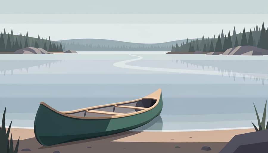 Canoe on rocky shore with West Hawk Lake visible in the background