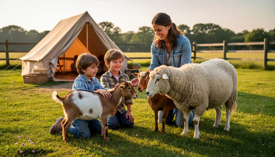 Child feeding a goat at a farm petting area at a camping site