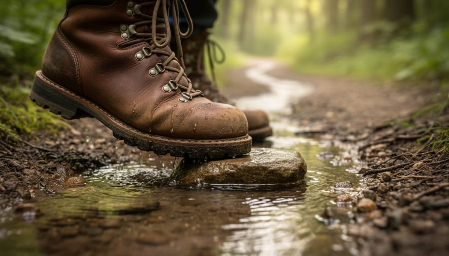 Close-up of a damp hiking boot on a mossy stone beside a creek with water droplets visible