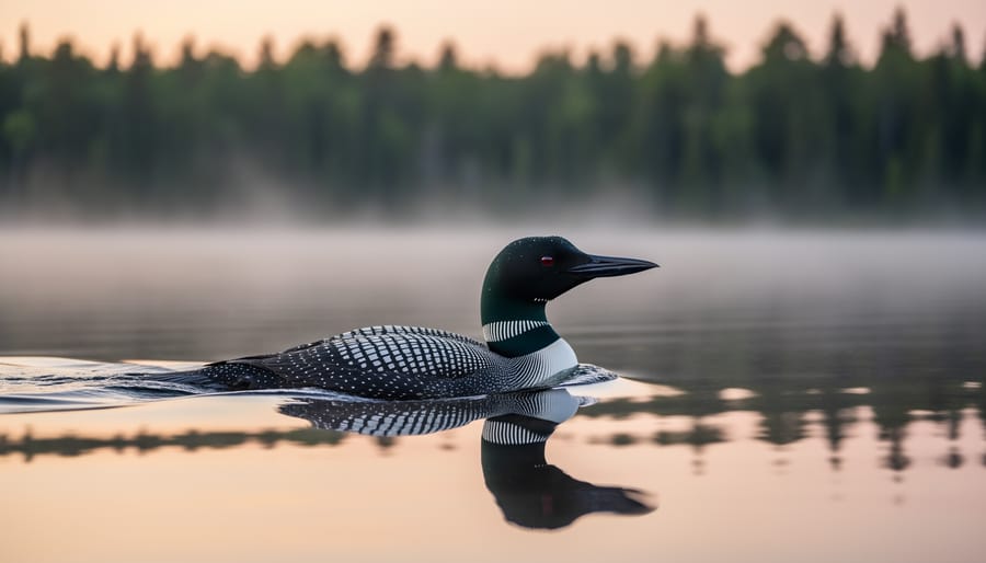 Common loon on a northern Ontario lake with crisp ripples under early morning light
