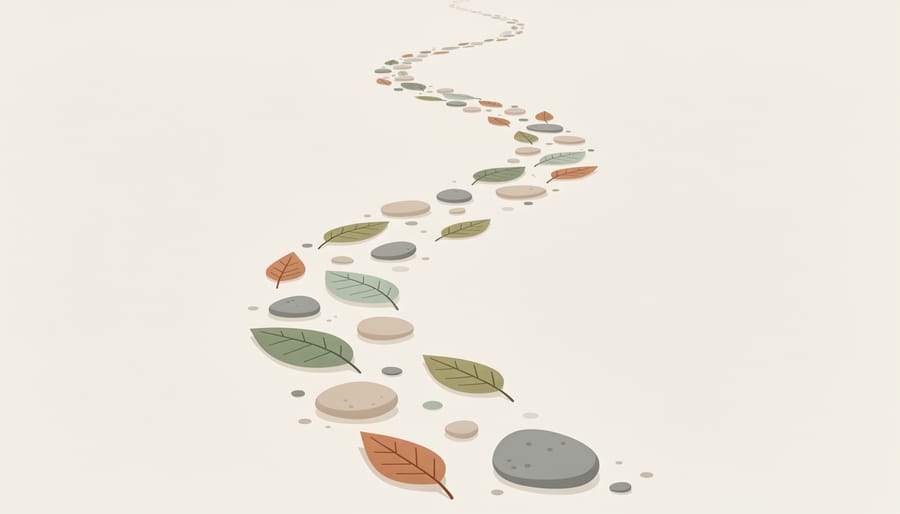 Conceptual image of a leaf-covered trail path ending at a small cairn of stones on grass in a woodland setting