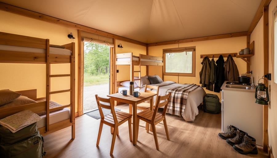 Cozy bed setup inside an oTENTik A-frame cabin at Camp Henry