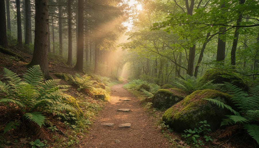 Elder standing near a cedar tree in a misty Ontario forest at dawn.