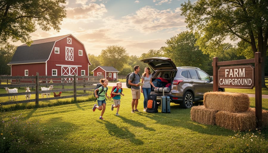 Family arriving at a rustic farm campground with camping gear near a barn