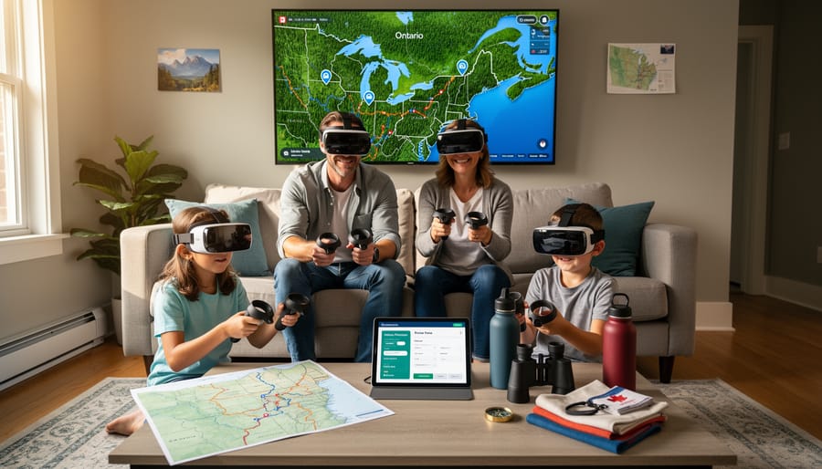 Family sitting at a campsite checking a smartphone with VR-style outdoor scouting before exploring