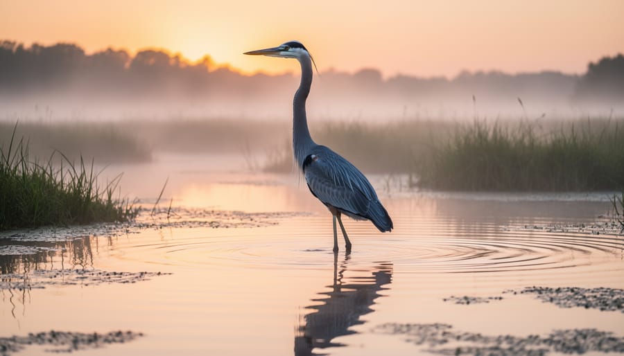 Great Blue Heron standing in shallow Ontario wetland water at sunrise with mist and warm reflections