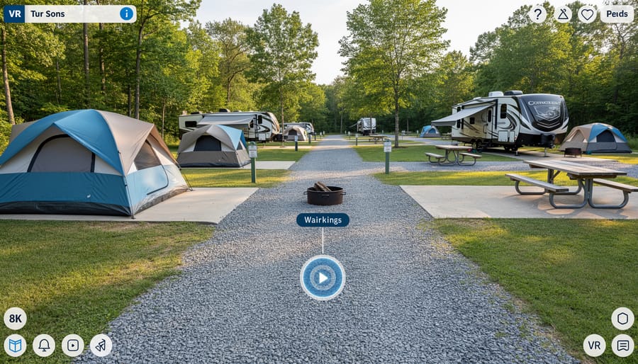 Ground-level view of an Ontario park campsite with tent pads, a firepit area, and a lake in the distance