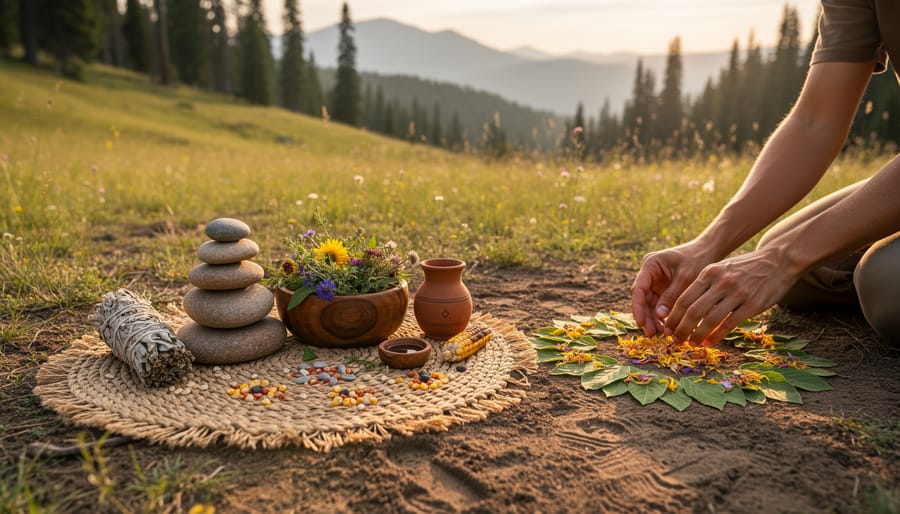 Hands holding a small braided bundle of sweetgrass beside a stone smudge bowl.