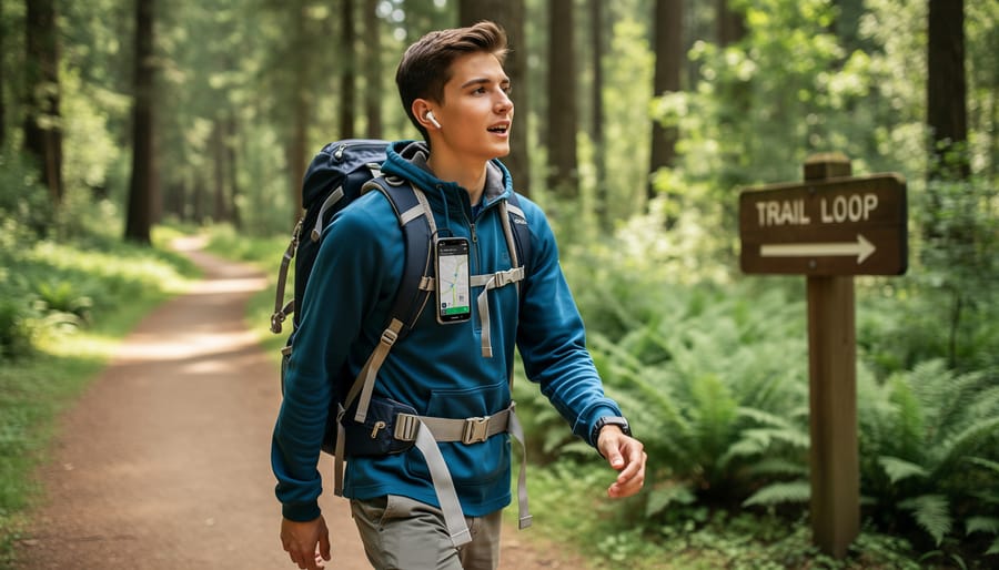 Hiker on an Ontario trail using a smartphone with a Bluetooth earpiece.