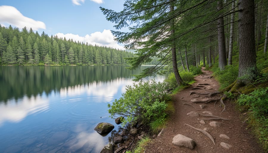 Hiker trekking along a forest path beside Hunt Lake with pine trees and the lake visible nearby