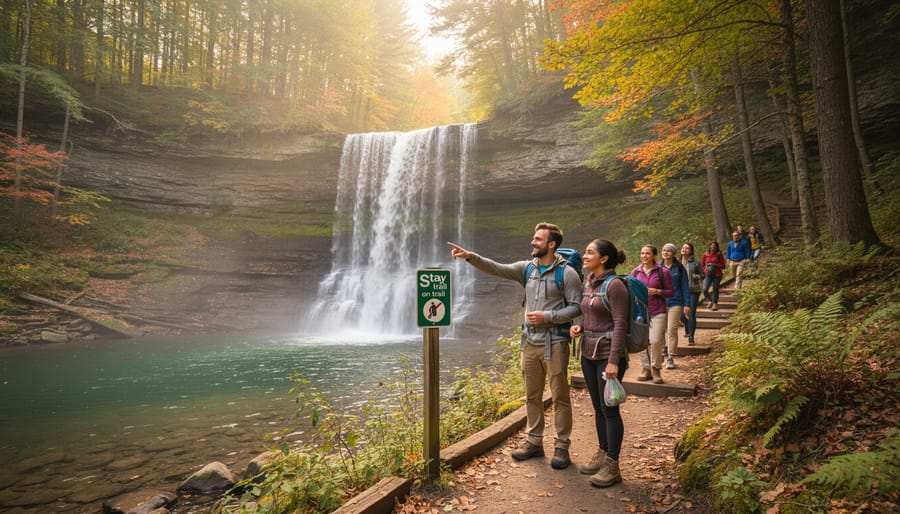 Hikers standing carefully on a marked path near a waterfall with mist and greenery in the background