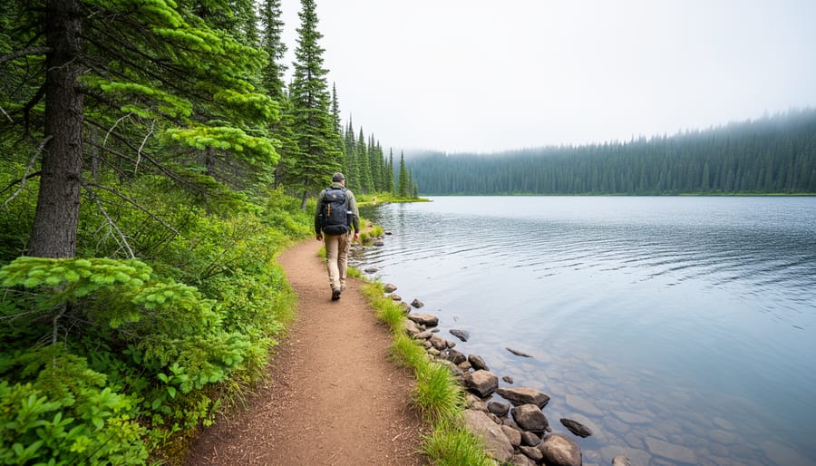 A hiker walking along a forest path beside calm blue-gray lake water, with pine and cedar trees along the shoreline.