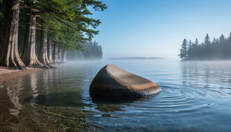 Misty Georgian Bay shoreline with cedar and pine trees, calm blue water, and a prominent rock in the foreground under soft morning light