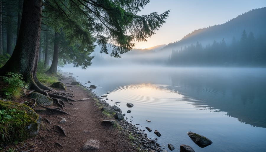 Mist over a calm lake with pine branches in the foreground and forested shoreline in the background