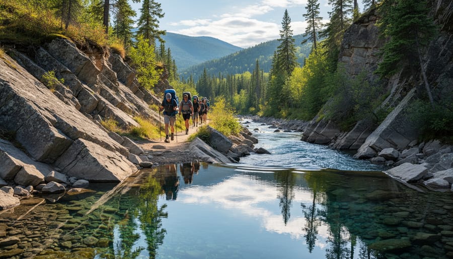 Mossy rocks and a small stream with hiking boots and a trekking pole at the water edge