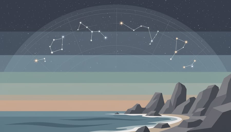 Night sky with visible stars over a rocky shoreline and ancient tree trunk.