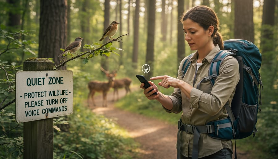 Person sitting quietly on a trail overlook with a smartphone face down near forest trees.