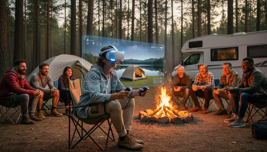 Person wearing a VR headset at an Ontario-style campsite by a lake