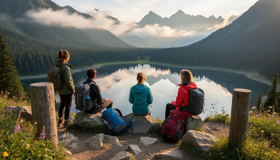 Two hikers at a rocky lakeside viewpoint with a calm blue lake and treeline in the background