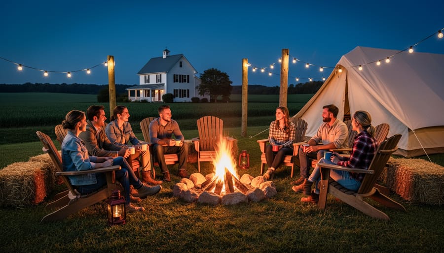 Warm campfire glowing near tents at a farm campground during dusk