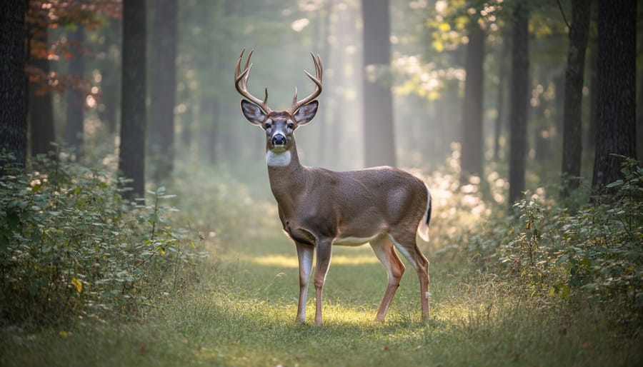 White-tailed deer in a forest clearing during golden hour with warm backlight and softly blurred background