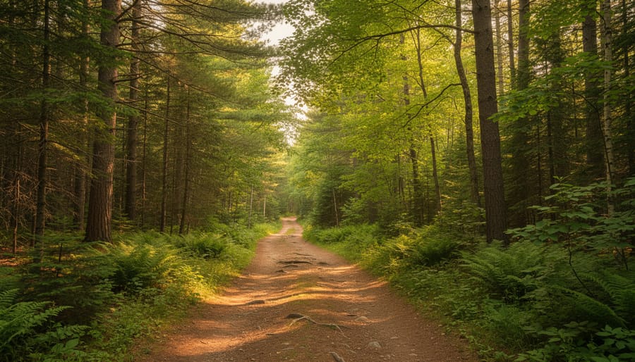 Wide view of an Ontario forest hiking trail with sunlight filtering through pine trees and a backpacker walking away