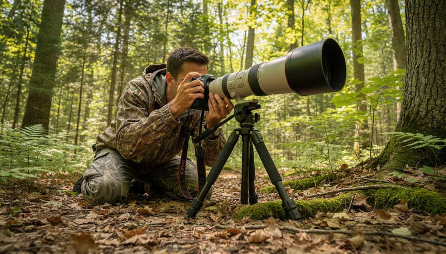 Wildlife photographer crouched behind camouflage with a long telephoto lens in an Ontario forest