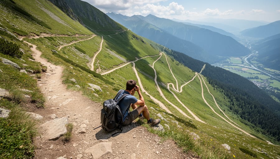 A hiker stands on a steep trail with zigzag switchbacks leading uphill.