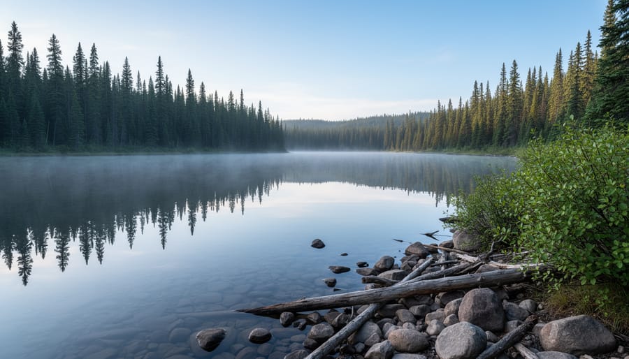 Canoe near the shore of Bat Lake with calm reflections and forested background