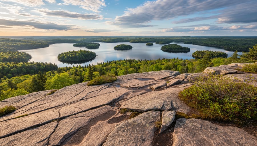 Hikers near a granite outcrop on Booth’s Rock Trail looking out over a lake
