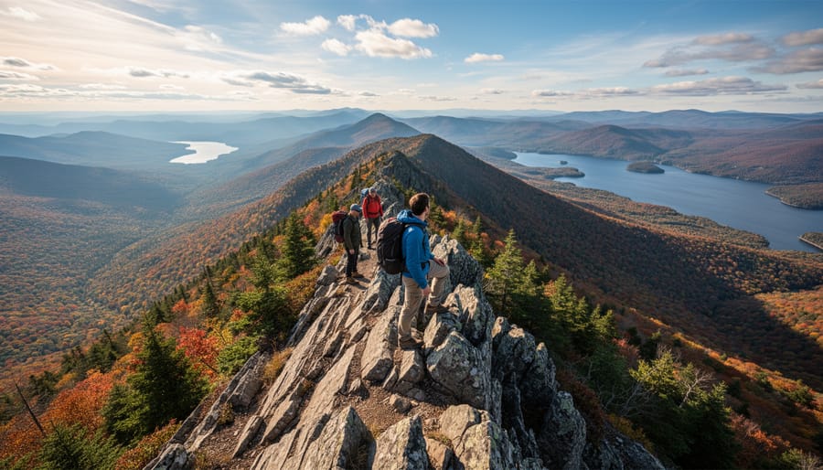 Hikers on a rocky ridgeline trail at Centennial Ridges with sweeping valley views