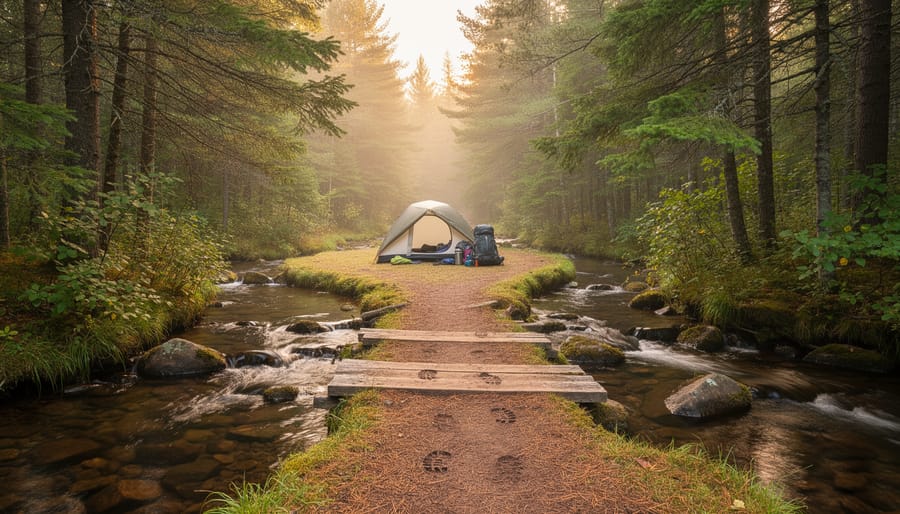 Backpacker setting up camp near a trail with a forest footbridge and creek in the background