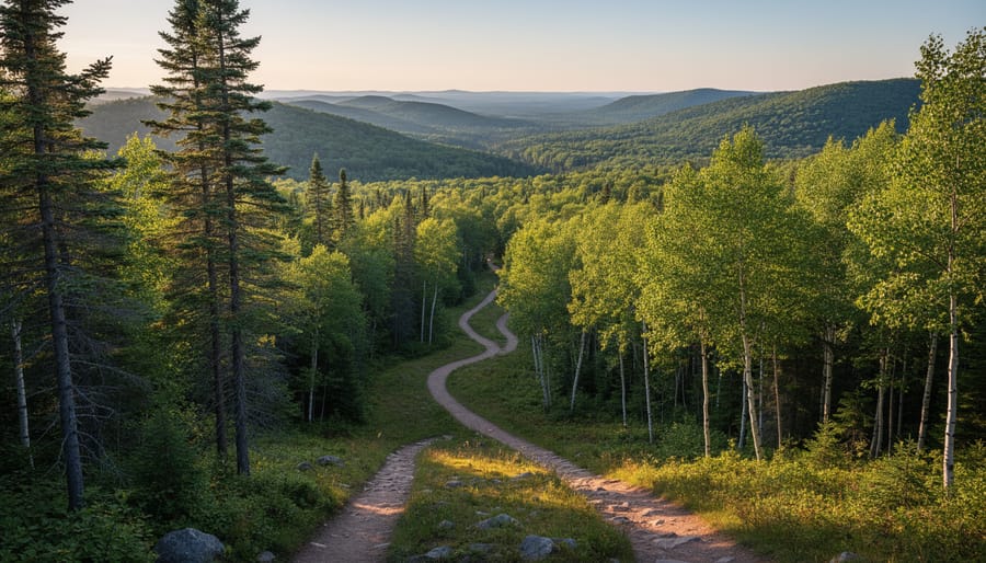 View down a forest trail into Algonquin’s old-growth wilderness with tall pines and distant lake haze
