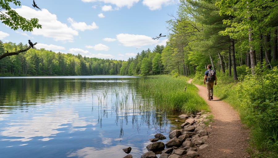 View along Mizzy Lake Trail with calm lake water, shoreline grasses, and distant wildlife habitat