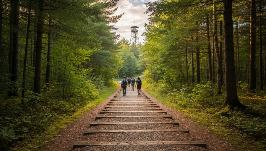 A straight railway-bed trail corridor on the Track and Tower Trail through Algonquin trees