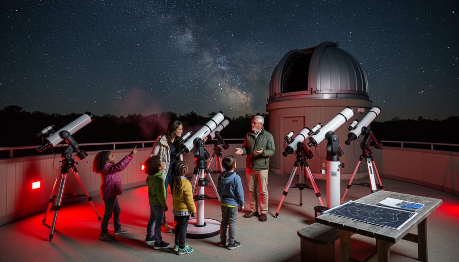 Family seated at an observatory telescope at the Algonquin Provincial Park Visitor Centre, looking at the night sky.